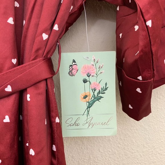 SOHO Apparel Robe Heart Print Red Satin Small Womens Valentines Silky Tie Belt - Picture 3 of 5